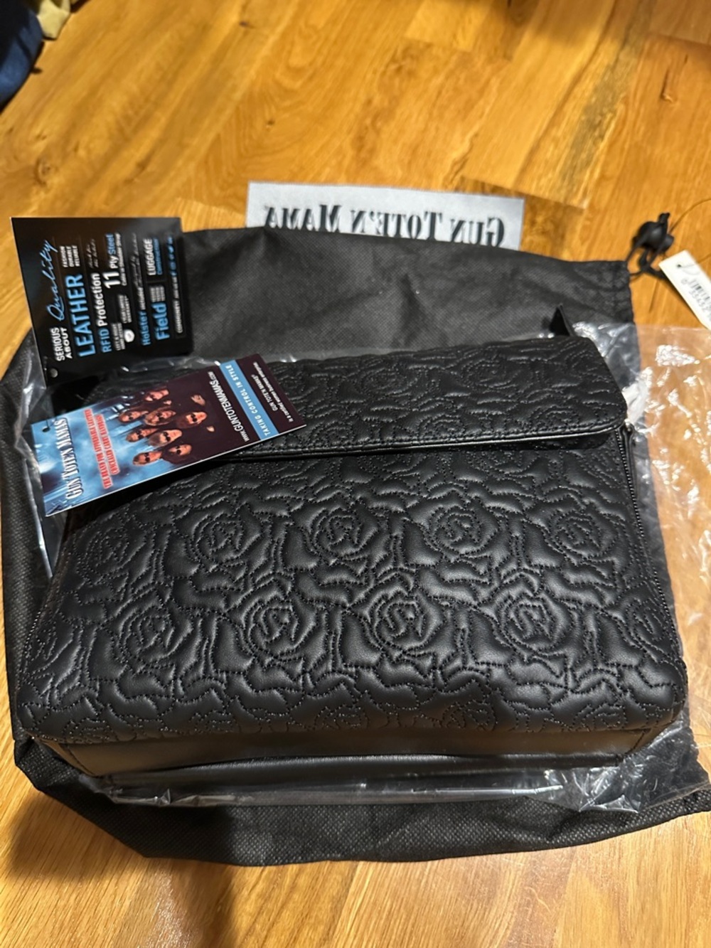 Black Quilted Rose Embossed Leather Crossbody Bag,Gun Tote’N Mama